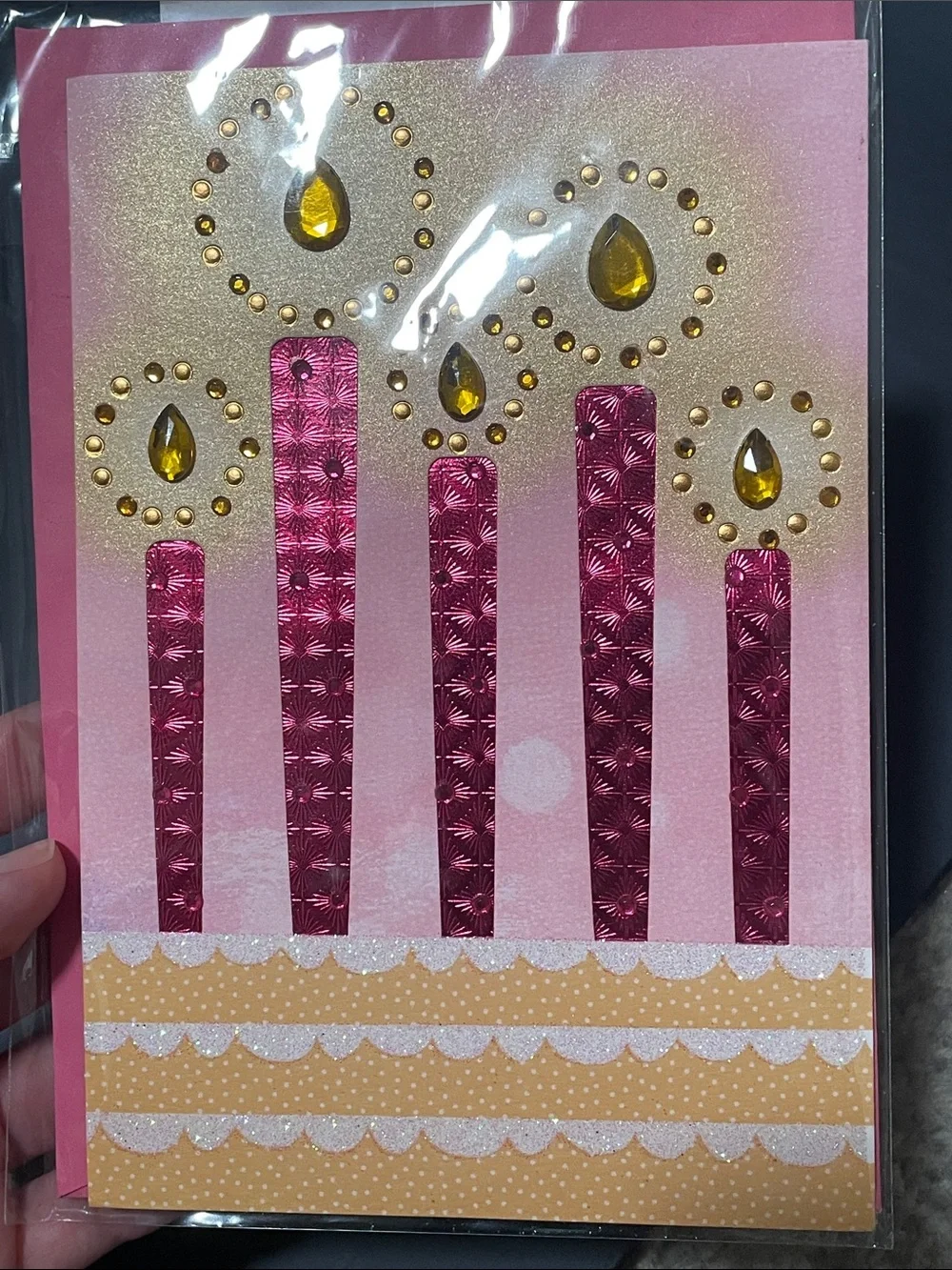 🖤5/$25 Pink Foil Birthday Candle Card with Yellow Gem Accents